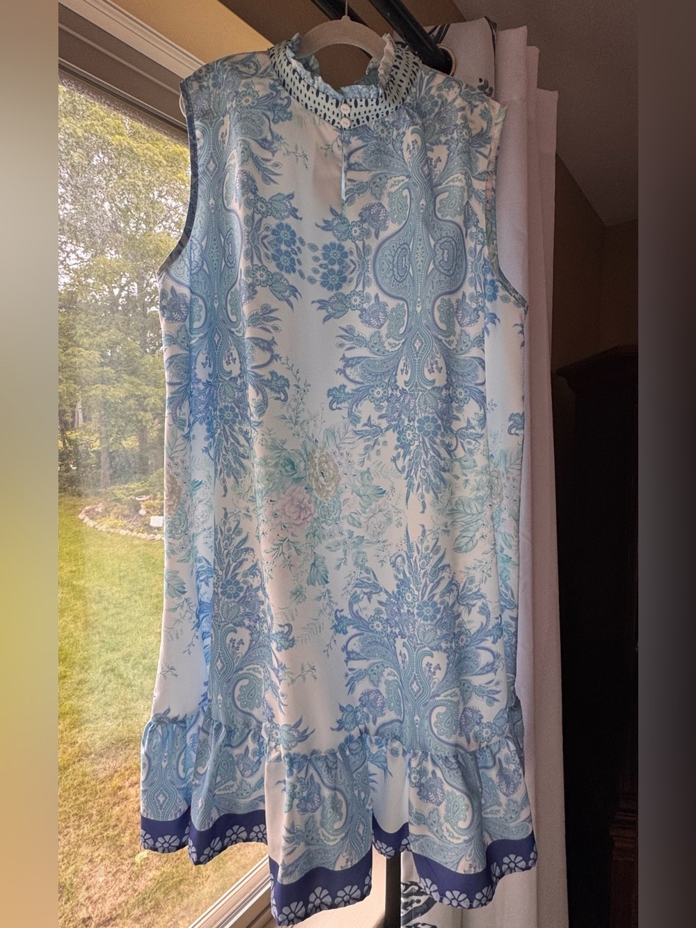 NWOT SHEIN Size L Blue Paisley Floral Ruffle Hem Shift Dress Mock Neck